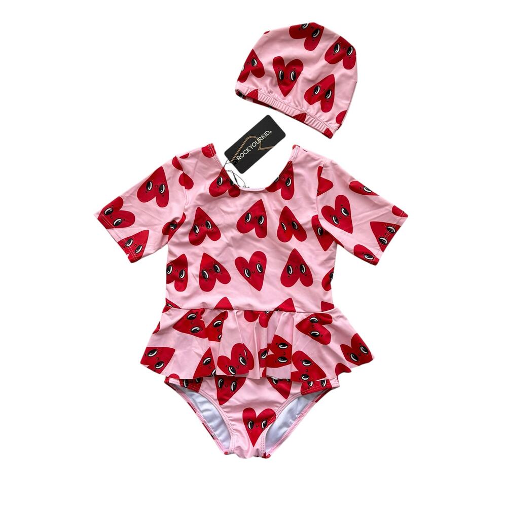 NWT Rock Your Baby Hearts Skirted Swimsuit + Cap Set Size 8